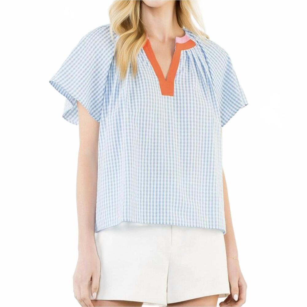NEW THML gingham pattern short sleeve top in light blue
